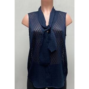 L'Agence Womens Navy Blue Tie Neck Lace V Neck Sleeveless Sheer Blouse L